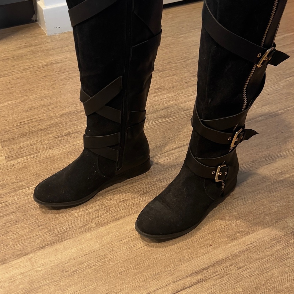 Black Over the Knee Boots with Decorative Buckles